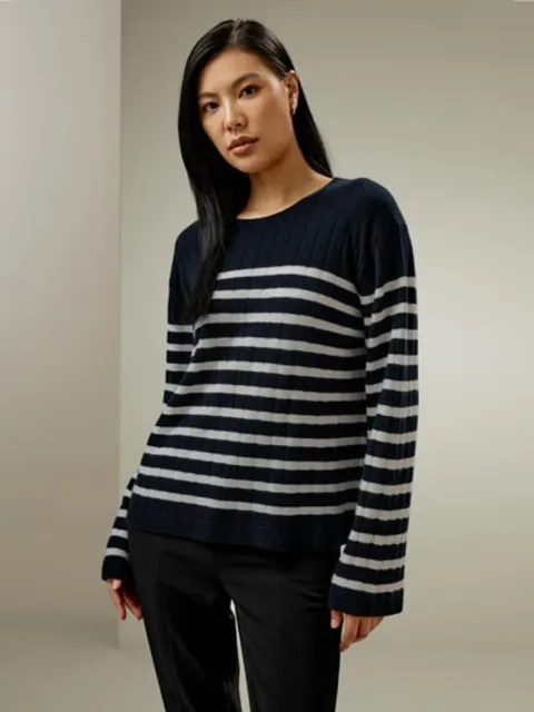 LILYSILK Pull Cachemire Rayé Femme Décontracté Épaules Tombantes Camel-Noir XS