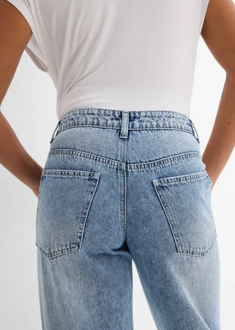Jean droit et ample, taille mi-haute, peu extensible