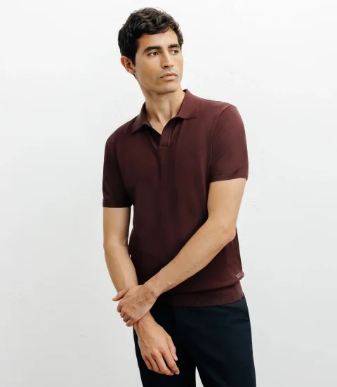 IZAC - Polo col ouvert en maille bordeaux foncé
