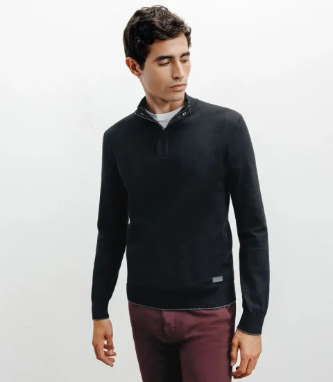IZAC - Pull col montant demi zippé noir