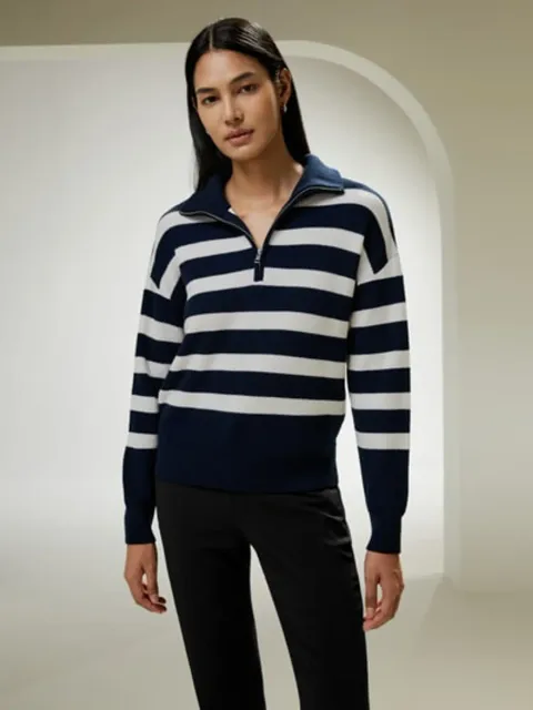 LILYSILK Pull Femme En Laine Camel À Rayures Noires Style Décontracté À Épaules Tombantes 100% Laine Mérinos Ultra Fine Incroyablement Doux Et Chaud S