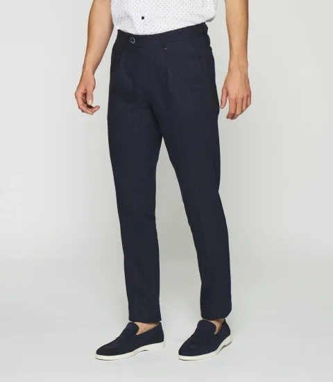 IZAC - Pantalon chino à rayures en lin bleu marine PLAISANCE