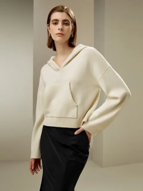 LILYSILK Sweats À Capuche Pour Femmes Poignets Et Ourlets Côtelés Luxueux De Laine Sophistiqué Et Élégant Texture Luxueuse Blanc Xs