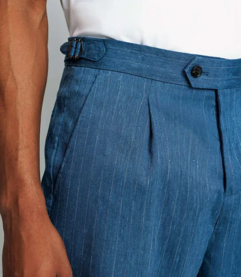 IZAC - Pantalon ville rayée en lin bleu indigo