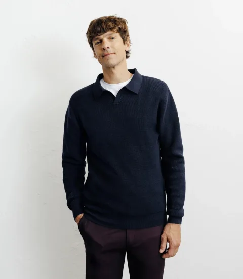 IZAC - Pull col polo ouvert marine