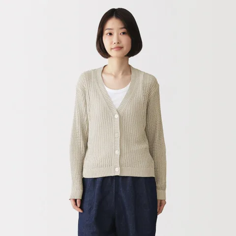 Cardigan à col en V en maille ajourée en mélange de lin pour femme