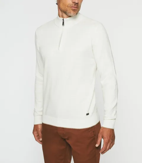 IZAC - Pull col zippé en coton-cachemire écru BACARY