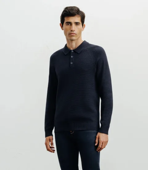 IZAC - Pull col polo boutonné jeux de points marine