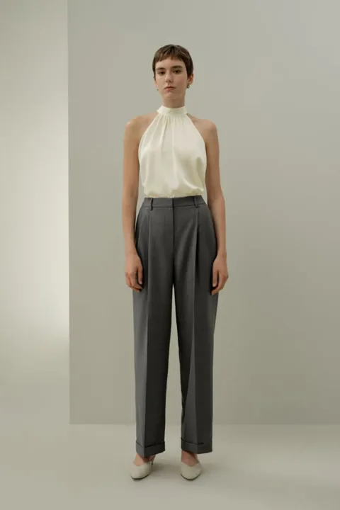 LILYSILK Pantalon Droit Laine & Soie Suie 34 - Taille Plissée, Confort Respirant