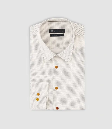 IZAC - Chemise slim imprimée micro motifs beige et camel PERLE