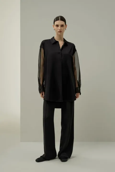 LILYSILK Chemisier Soie Charmeuse Manches Organza Noir XL - Elégant et Fluide
