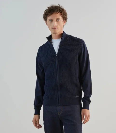 IZAC - Gilet zippé en maille torsadée marine