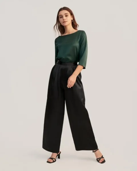 Pantalon taille haute en soie plissée pour femme