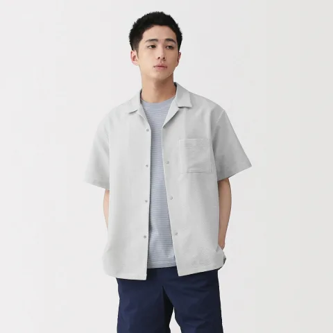 Chemise à col cubain en Seersucker extensible et respirant pour homme