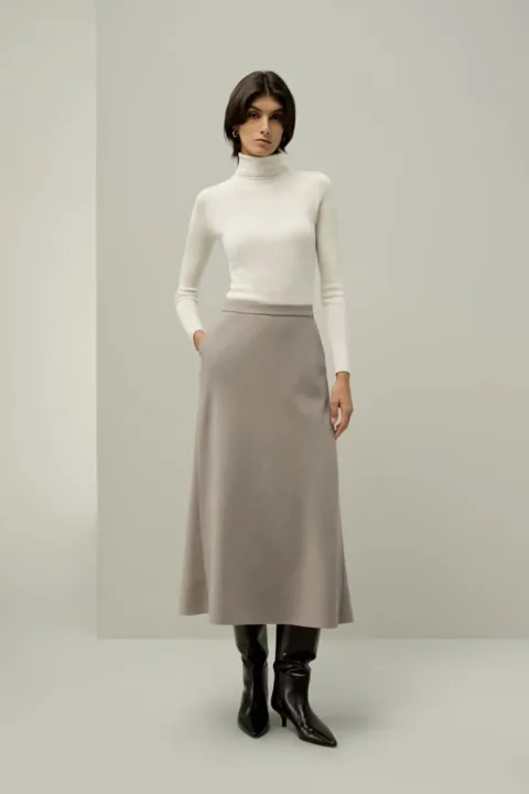 LILYSILK Jupe Trapèze En Soie Et Laine Chinée Tissu En Mélange De Soie Et De Laine Mélange De Soie Et De Laine Galet 46