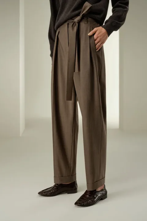 LILYSILK Pantalon Droit Havane 48 Soie & Laine Plis Devant Ceinture Fluide Respirant Chic
