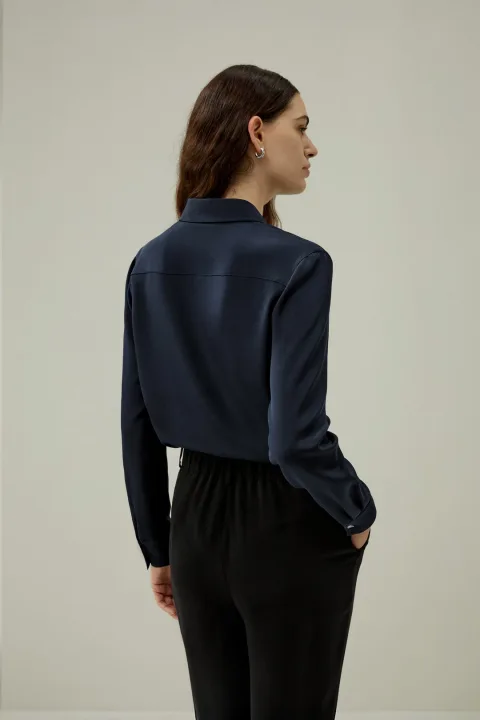 LILYSILK Blouse En Soie Manches Longues Structure À Tissage Serré Soie De Haute Qualité Classique Naturellement Antibactériens Bleu Minuit L