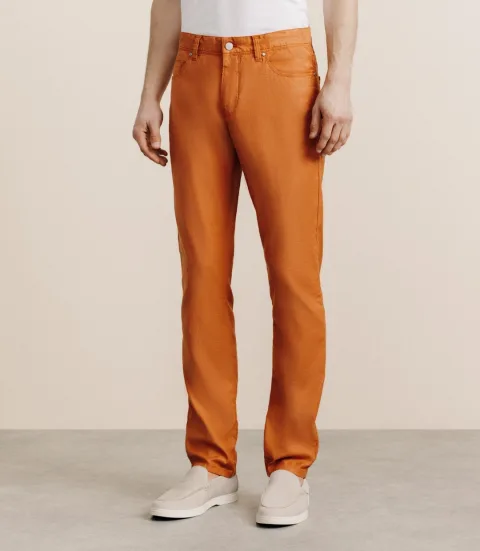 IZAC - Pantalon droit en lin et coton orange
