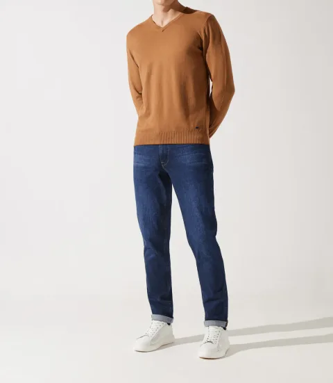 IZAC - Pull col v rayé camel