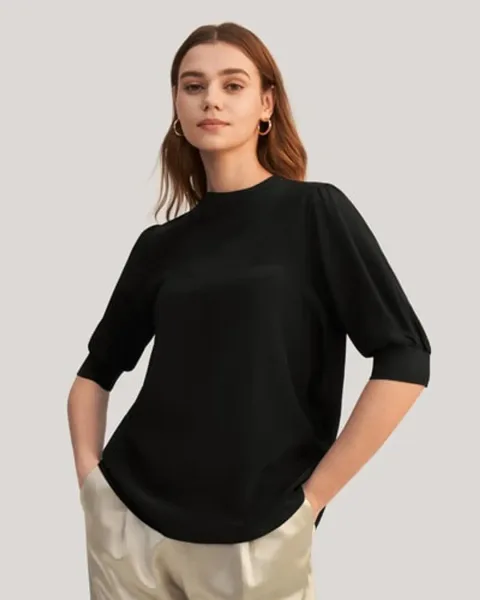 T-shirt en soie décontracté élégant avec poignets côtelés