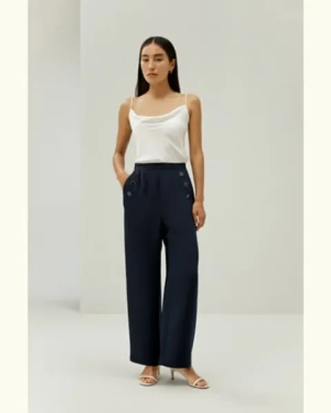 LILYSILK Pantalon En Soie Boutons En Métal Doré Gravés Sur Mesure 100% Soie Mettant En Valeur La Féminité Une Élégance Intemporelle Bleu Minuit 34