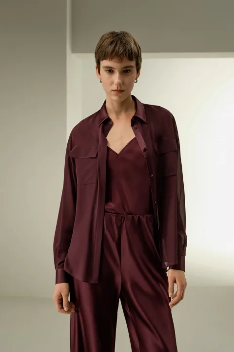 LILYSILK Blouse En Soie Semi-Transparent Mousseline De Soie Coupe Classique Bleu Minuit L