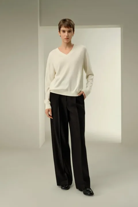 LILYSILK Pantalon Tweed Femme Noir Taille Haute Large Infroissable Soie Laine 38