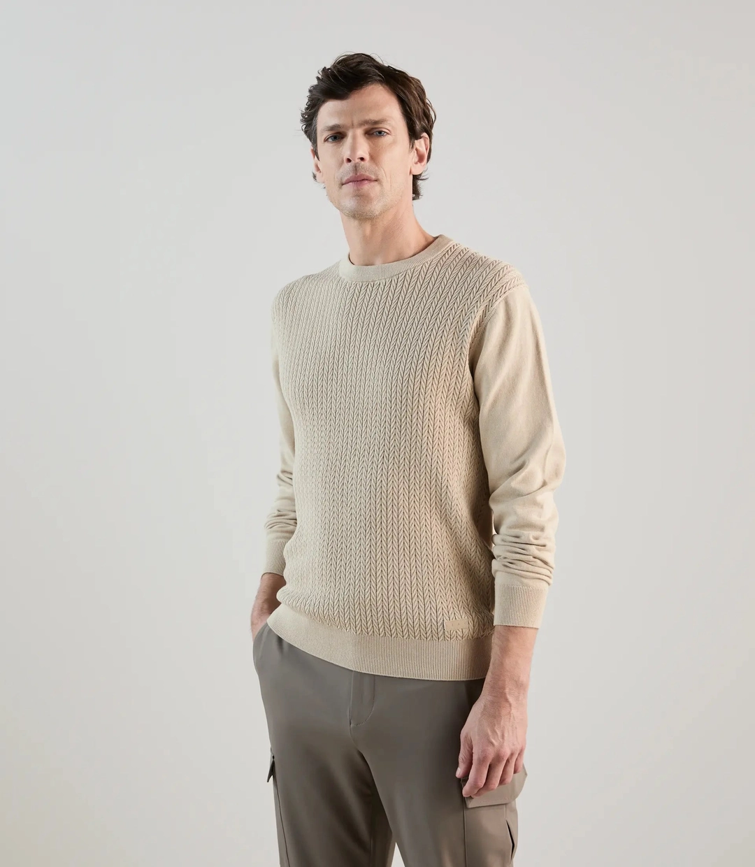 IZAC - Pull col rond en maille torsadée beige