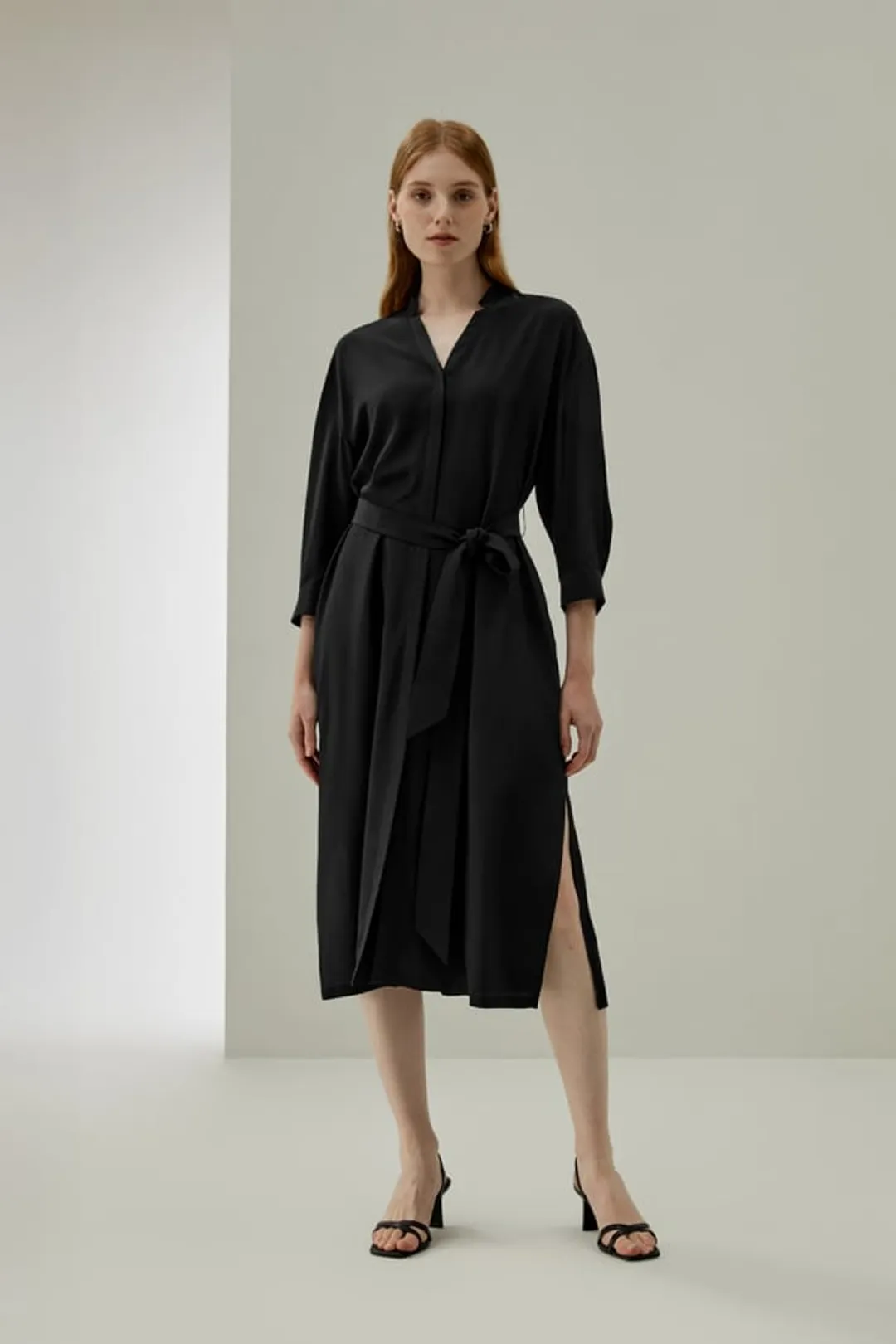 LILYSILK Robe Chemise Soie Bleu Marine S, Col Montant, Poches, Ceinture, Crêpe de Chine