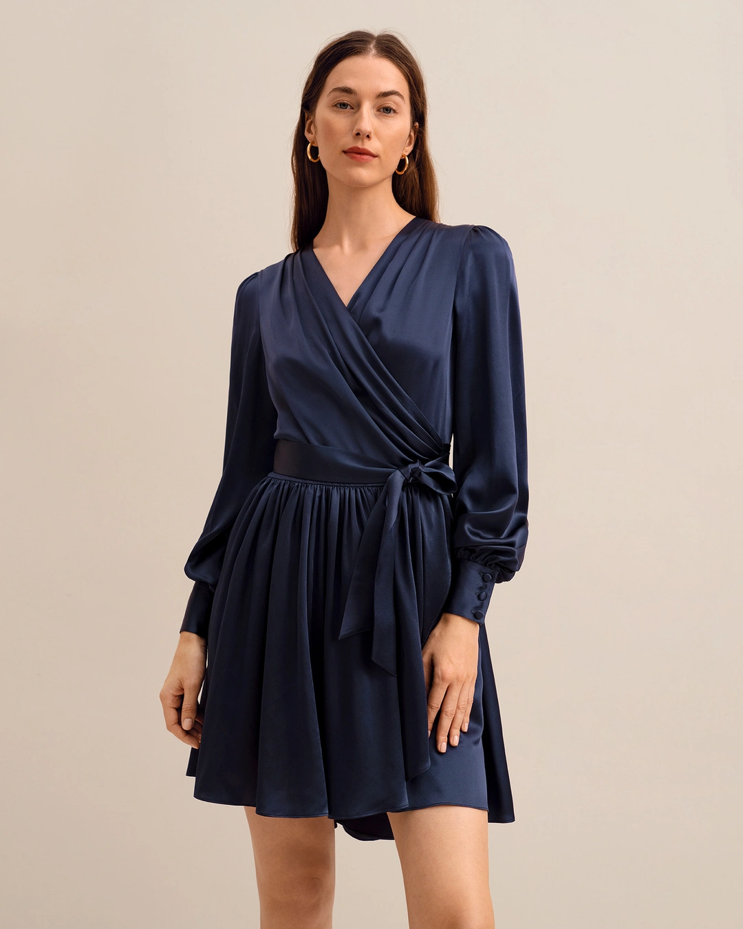 LILYSILK Robe De Soirée En Soie Femme Manche Ballon Avec Plis En Cascade Sûr Et Non Toxique Robe Bleu Marine M