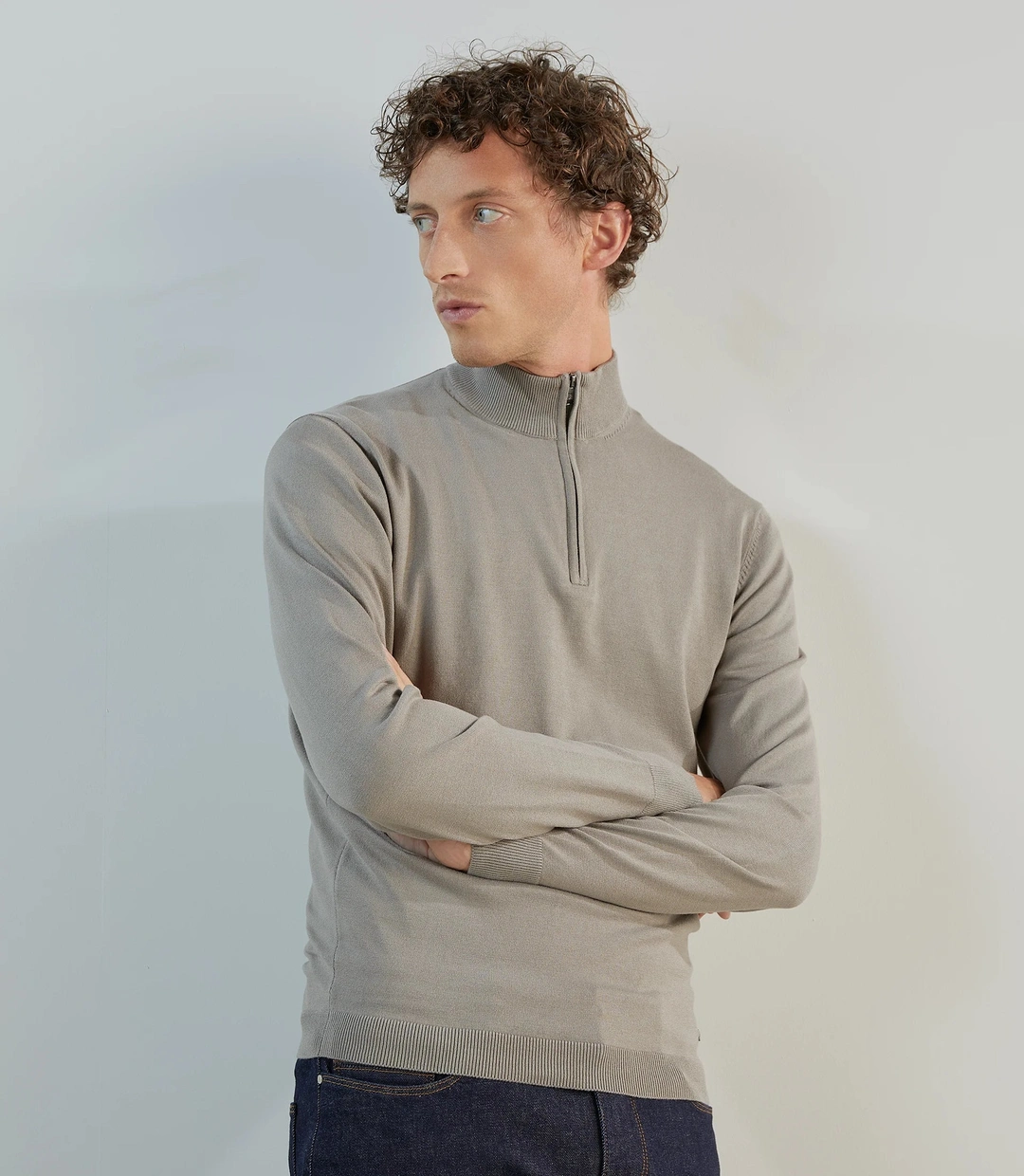 IZAC - Pull demi-zip à col montant taupe