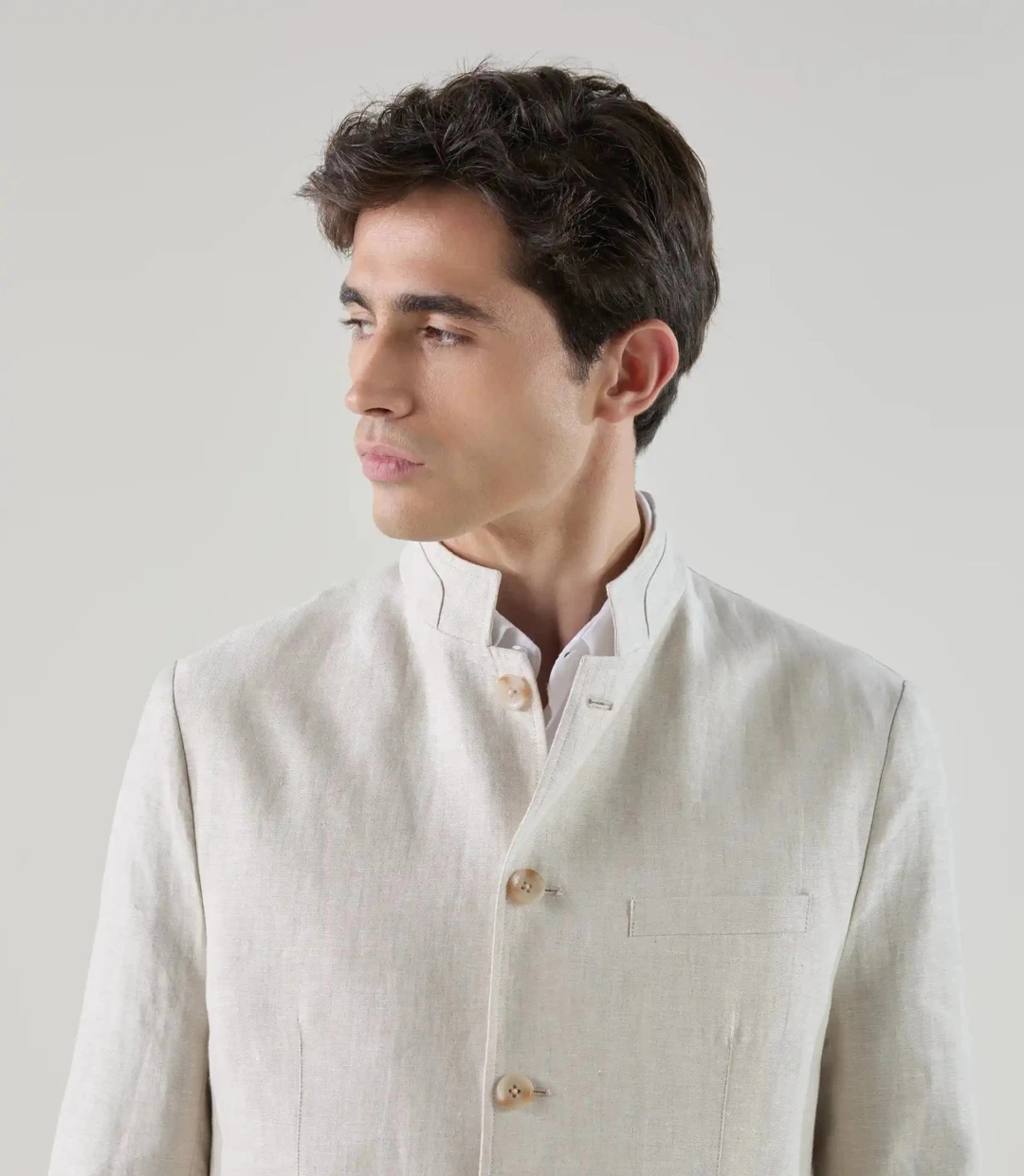 IZAC - Veste col mao 100% lin beige clair