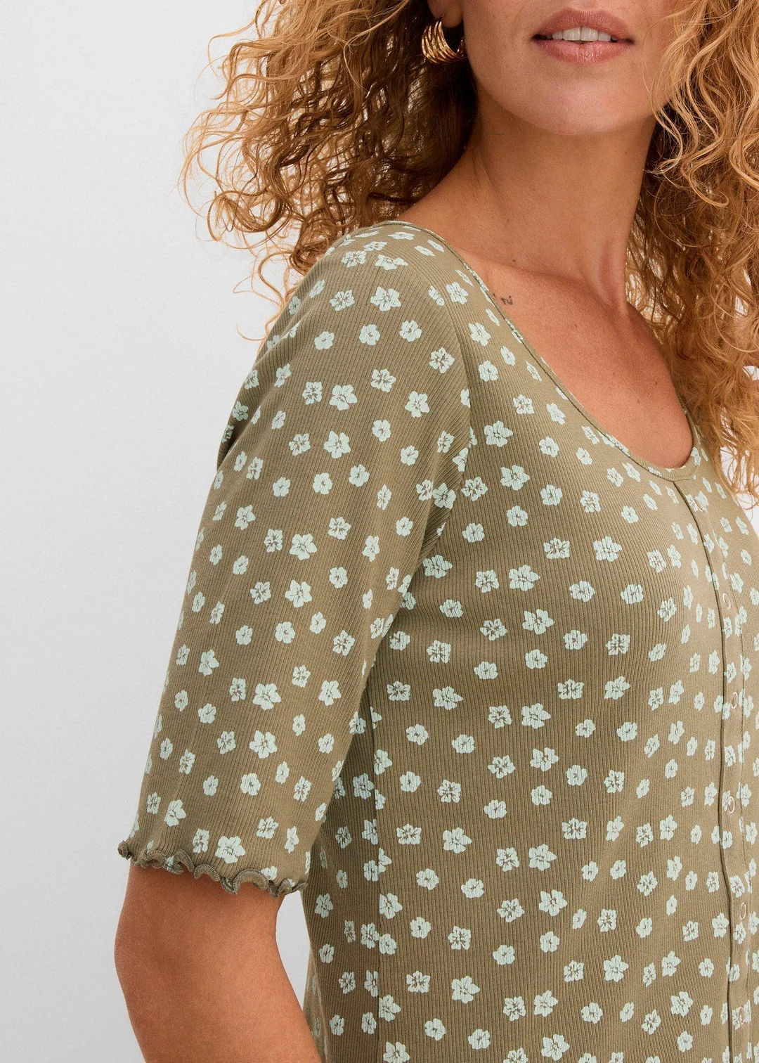 T-shirt côtelé à imprimé floral, manches coude
