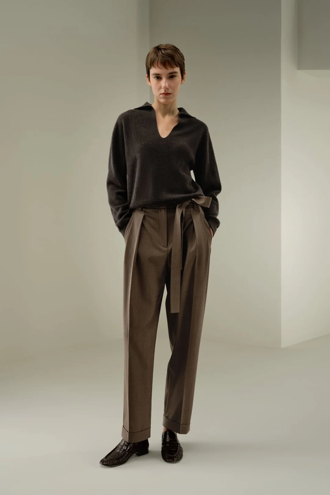 LILYSILK Pantalon Droit Havane 48 Soie & Laine Plis Devant Ceinture Fluide Respirant Chic