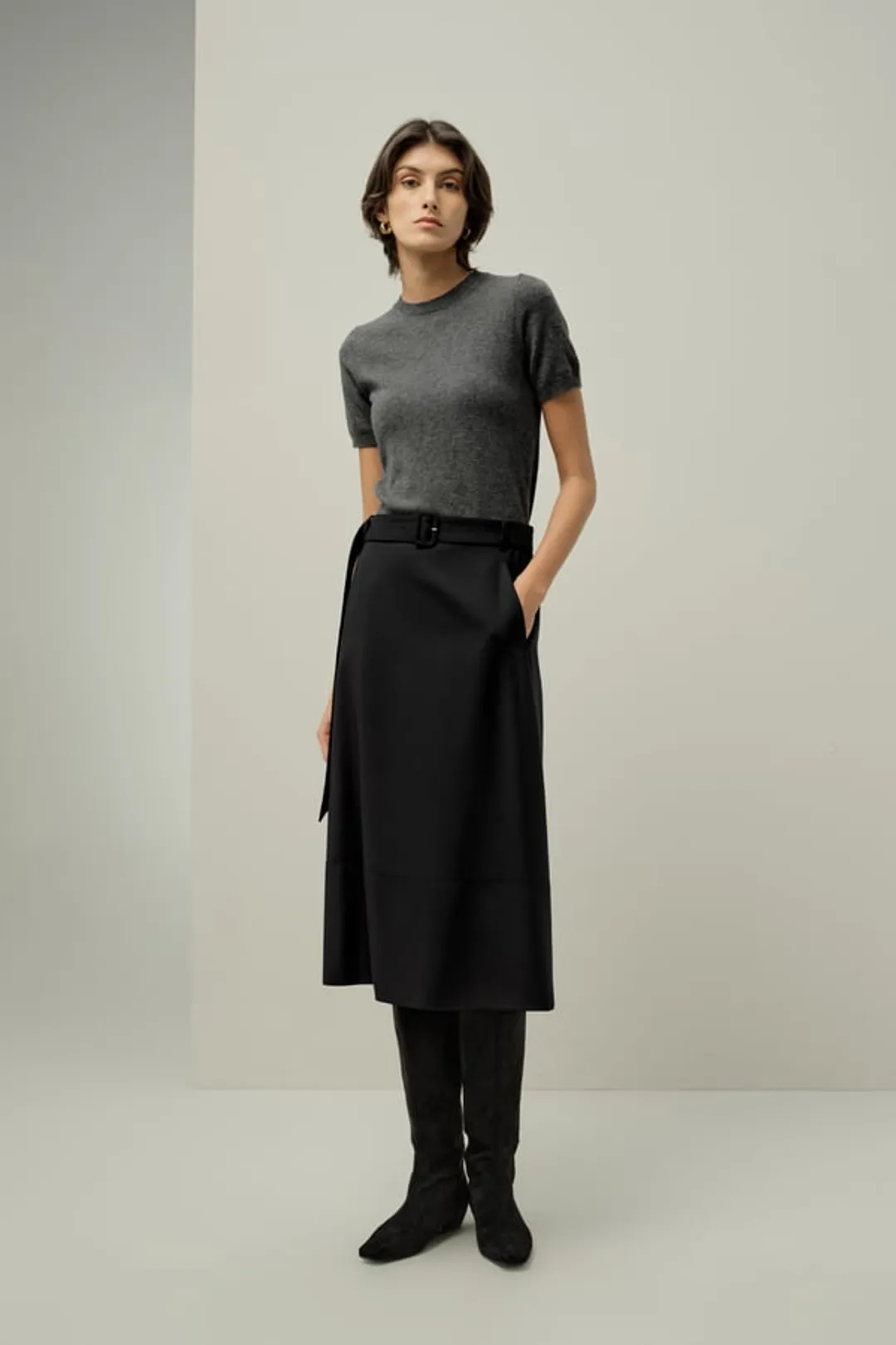 LILYSILK Jupe Midi Ceinturée En Soie-Laine Ceinture Élastique Noir 38