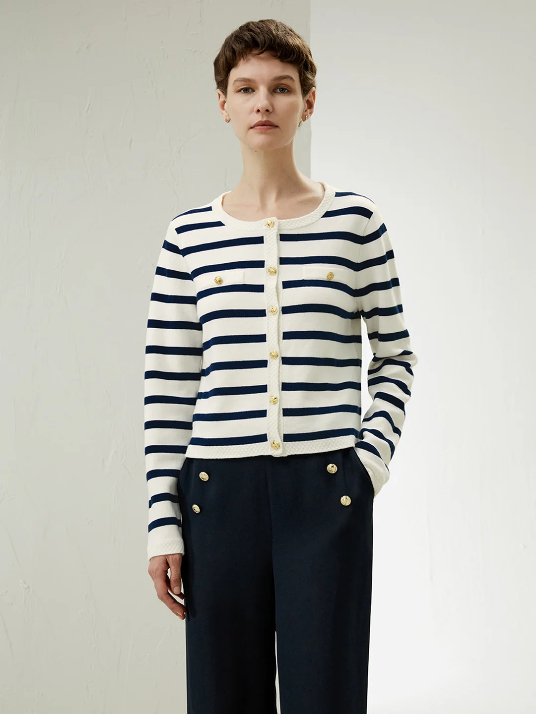 LILYSILK Cardigan Femme Bleu Marine À Rayures Blanches Chemise De Couche De Base 100% Cachemire Un Toucher Incroyablement Doux Et Confortable XL