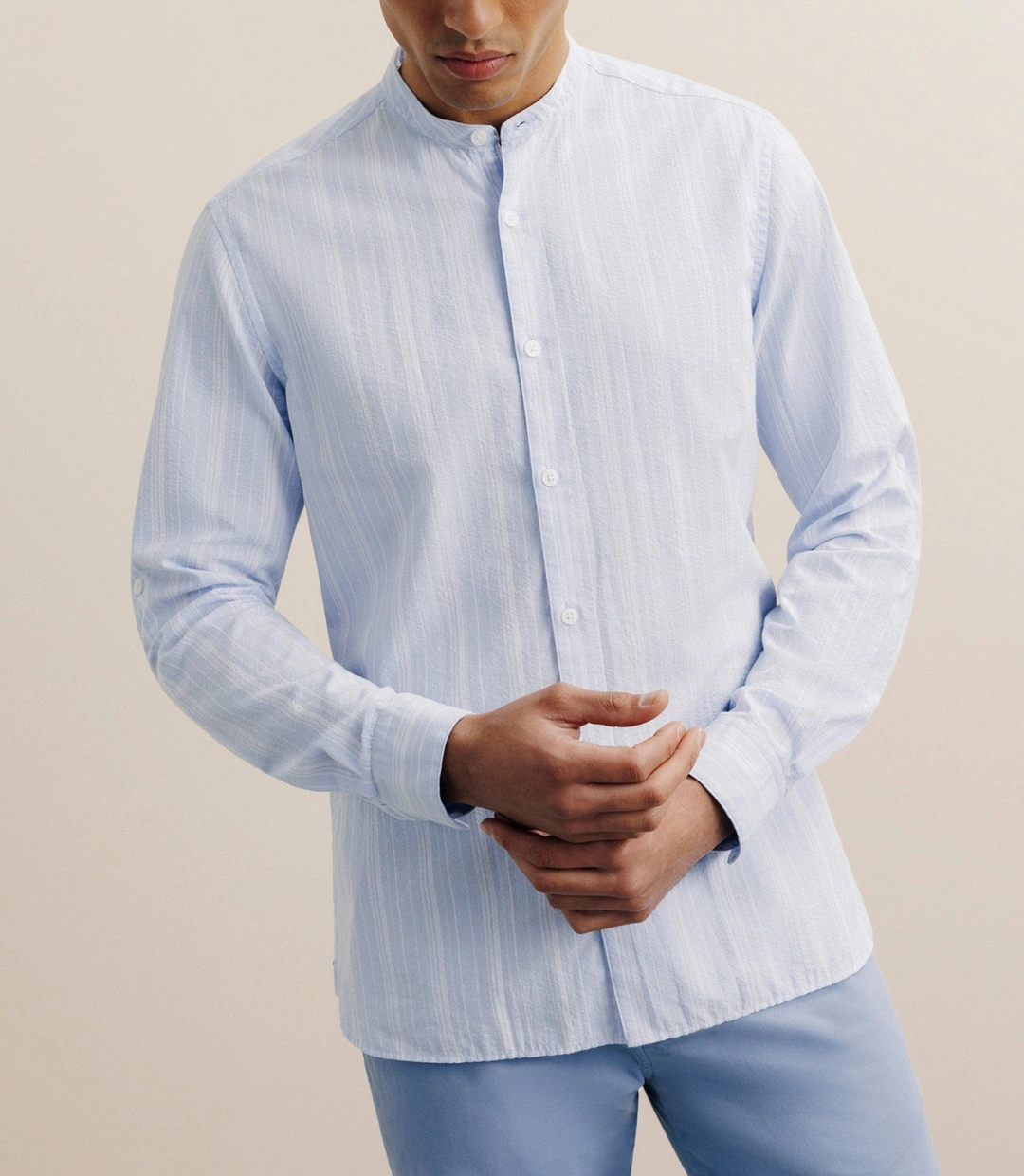 IZAC - Chemise rayée col mao 100% coton ciel