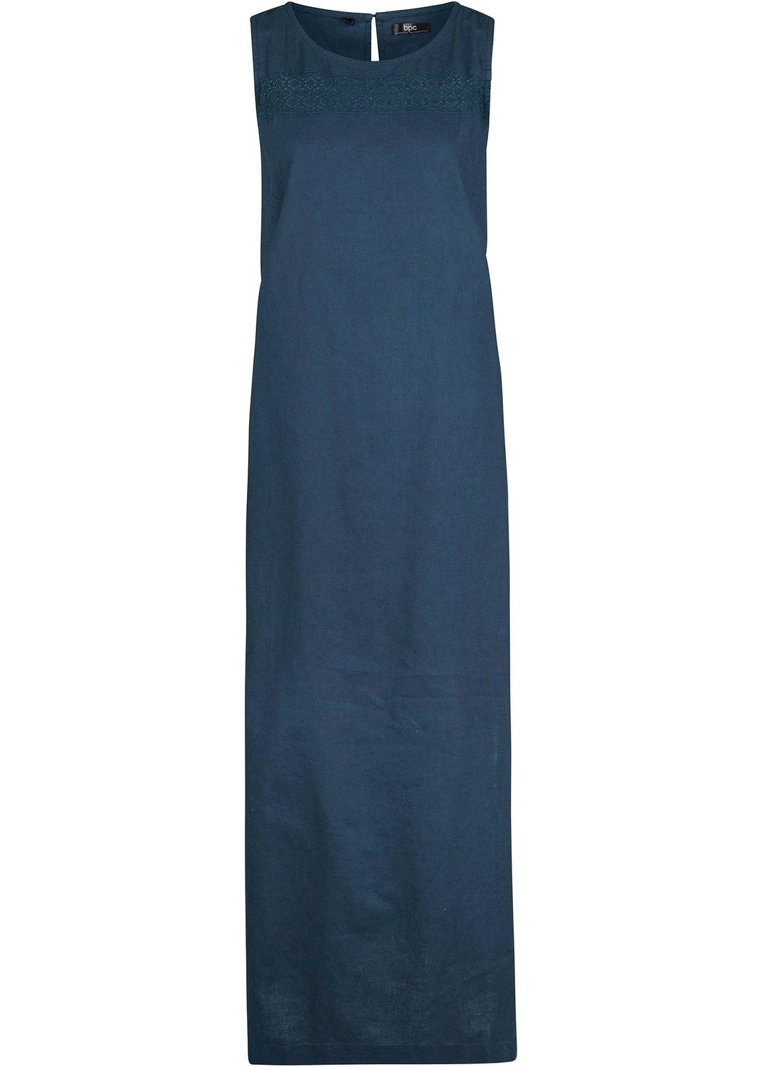 Robe longue avec lin majoritaire, motif ajouré au décolleté et fentes latérales