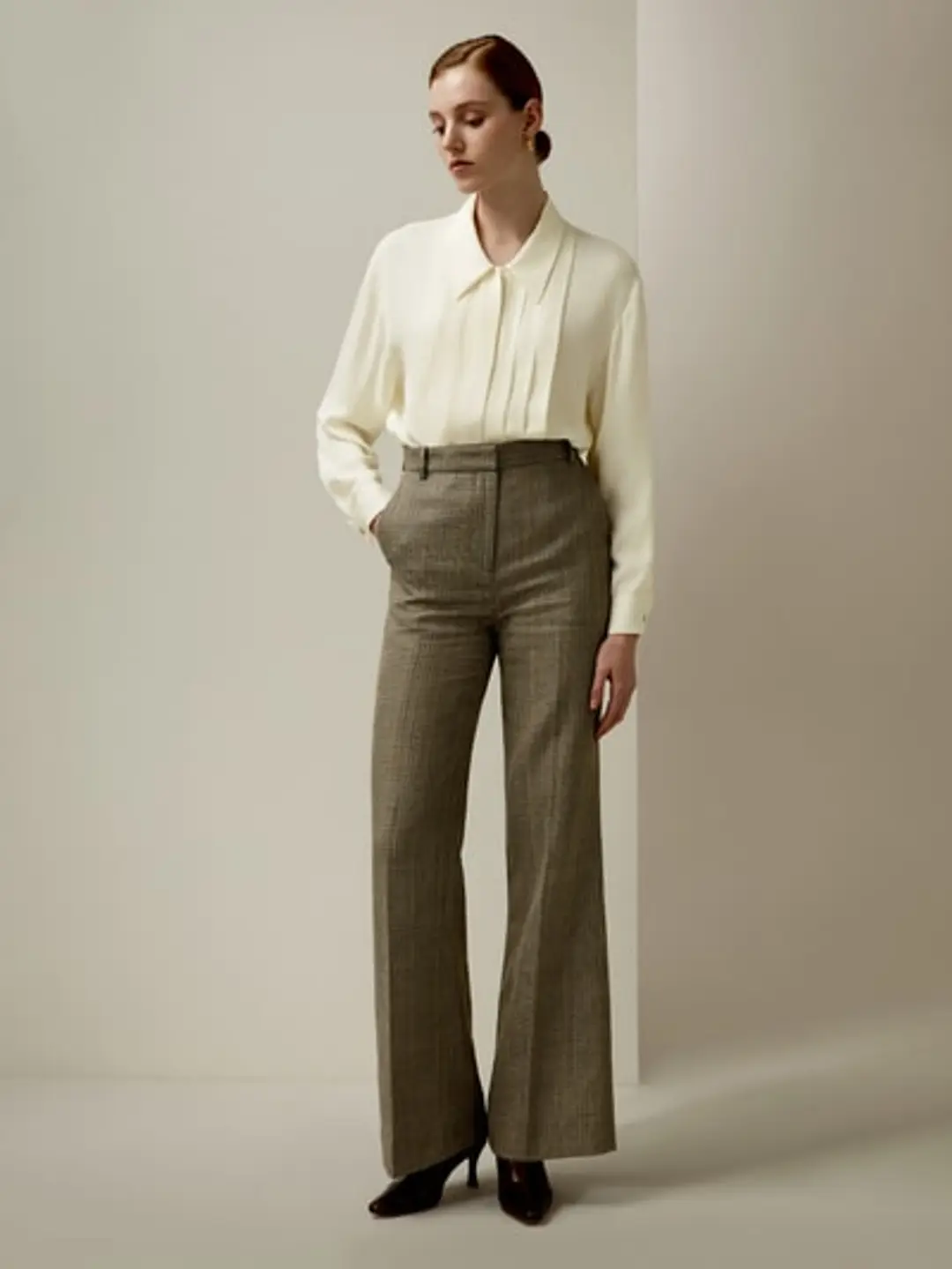 LILYSILK Pantalon Laine Et Soie Brun Cendré Chèque Glen, Style Formel Mélange Soie-Laine Élégance Intemporelle Et Style Sophistiqué 34