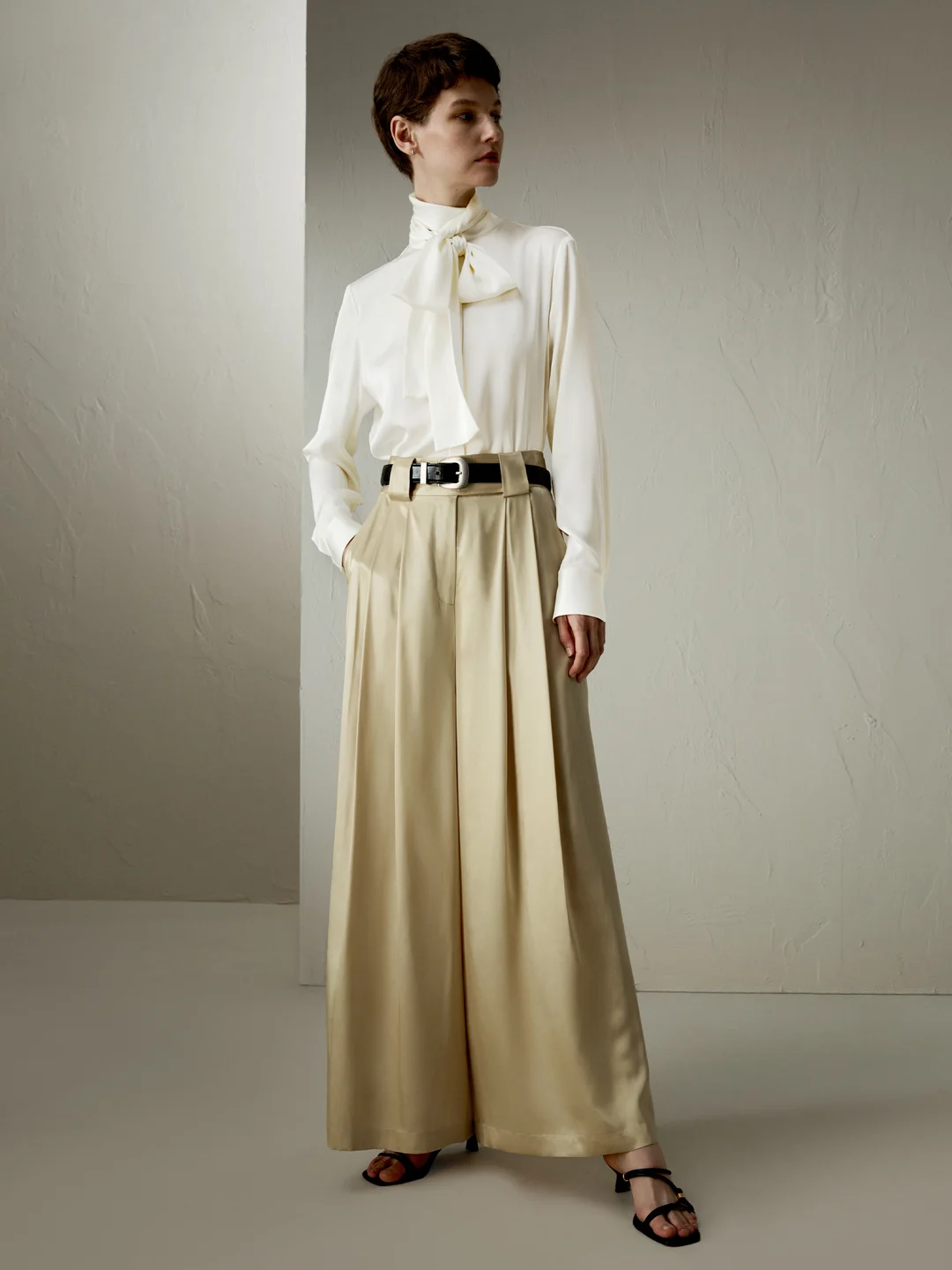 LILYSILK Pantalon Large Soie Femme Beige Jambe Large Avec Un Seul Pli À L'Avant 100% Soie Pure Doux, Lisse Et Brillamment Lustré 46
