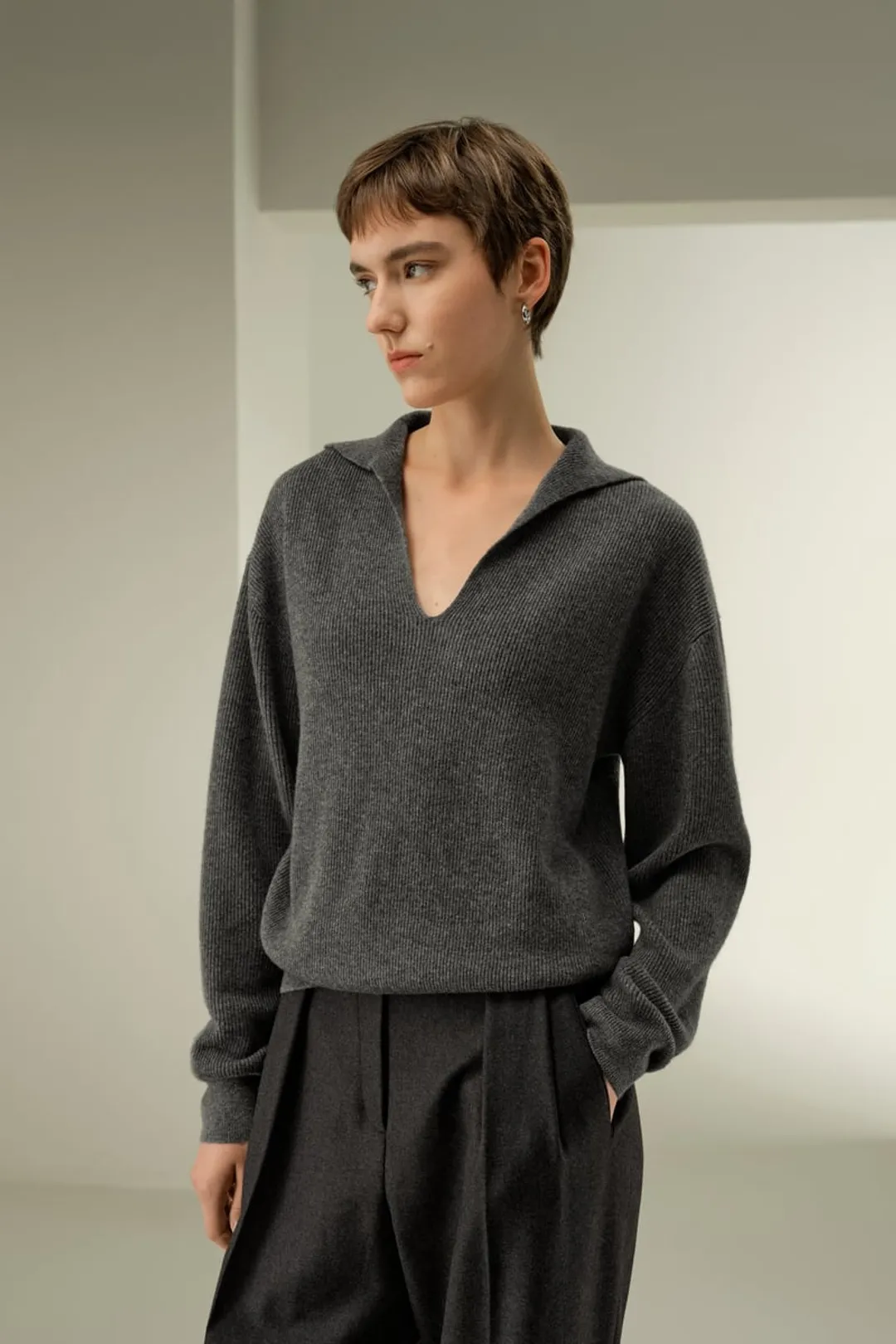 LILYSILK Polo Côtelé Cachemire Femme Tonnerre M - Doux, Léger, Respirant, Col V