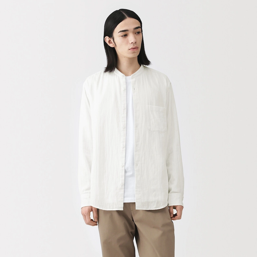 Chemise à col mao en double gaze de kapok mélangé pour homme