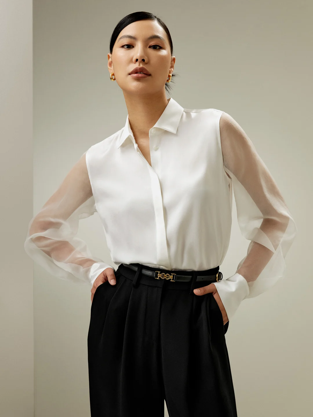 LILYSILK Chemisiers En Soie Noir Manches Transparentes Impeccables Soie De Mûrier Élégance Intemporelle Et Style Sophistiqué L