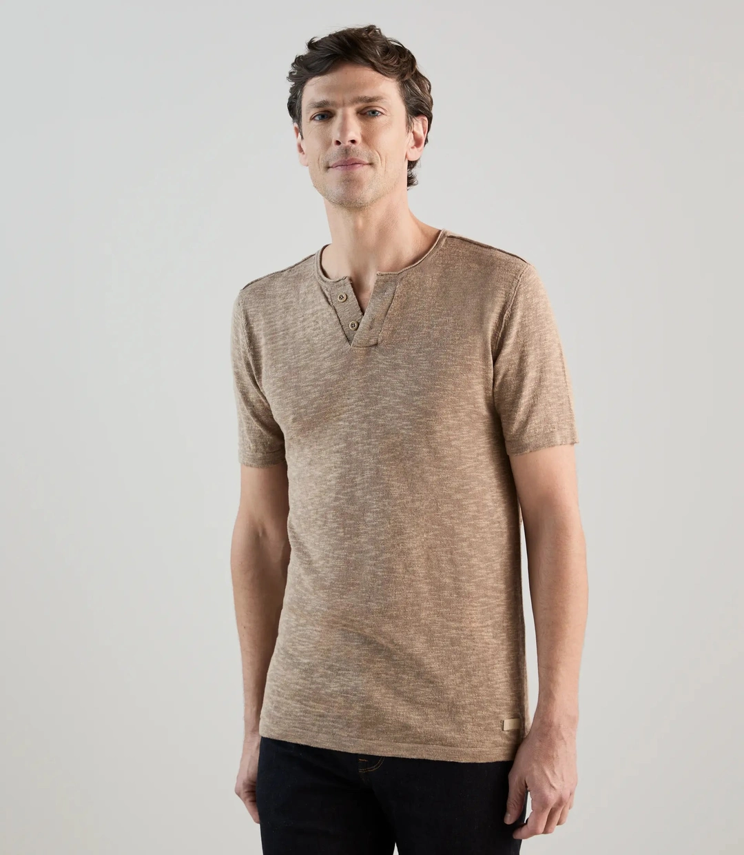 IZAC - T-shirt à manches courtes avec col tunisien beige