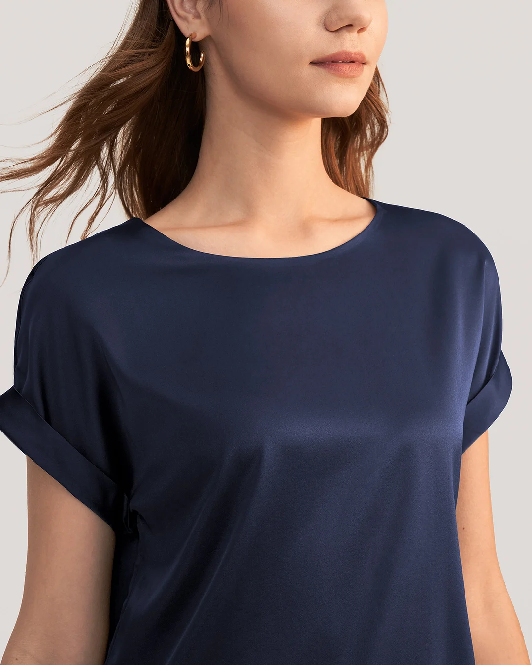 LILYSILK T Shirt Soie Coupe Régulière Poignets Roulés Mancherons Bleu Marine S