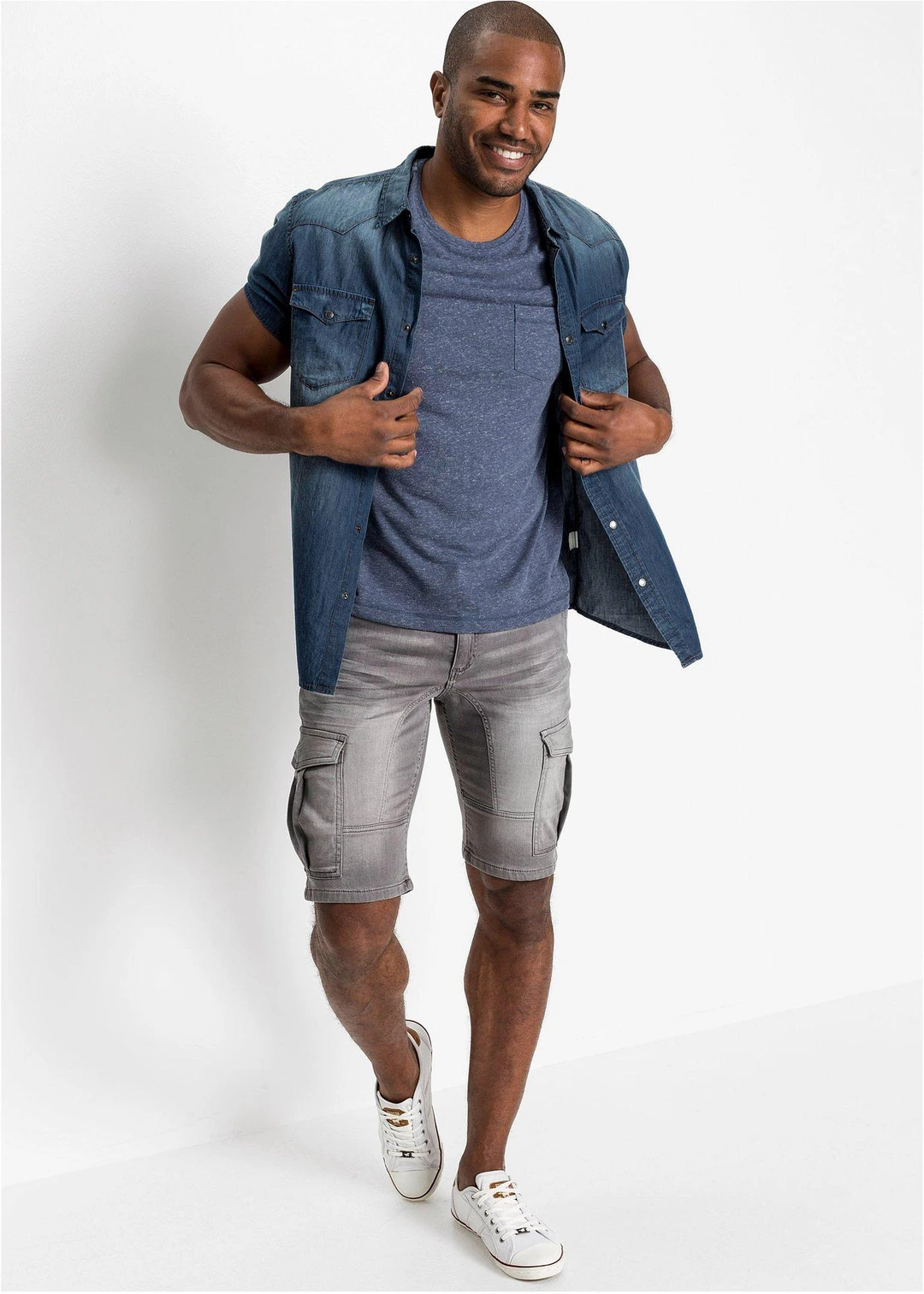 Chemise manches courtes slim en jean, 100% coton