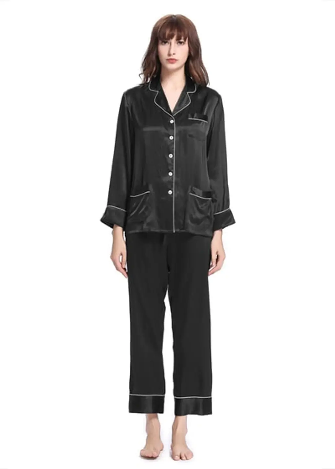 Ensemble Long Pyjama En Soie Liseré Contrastant