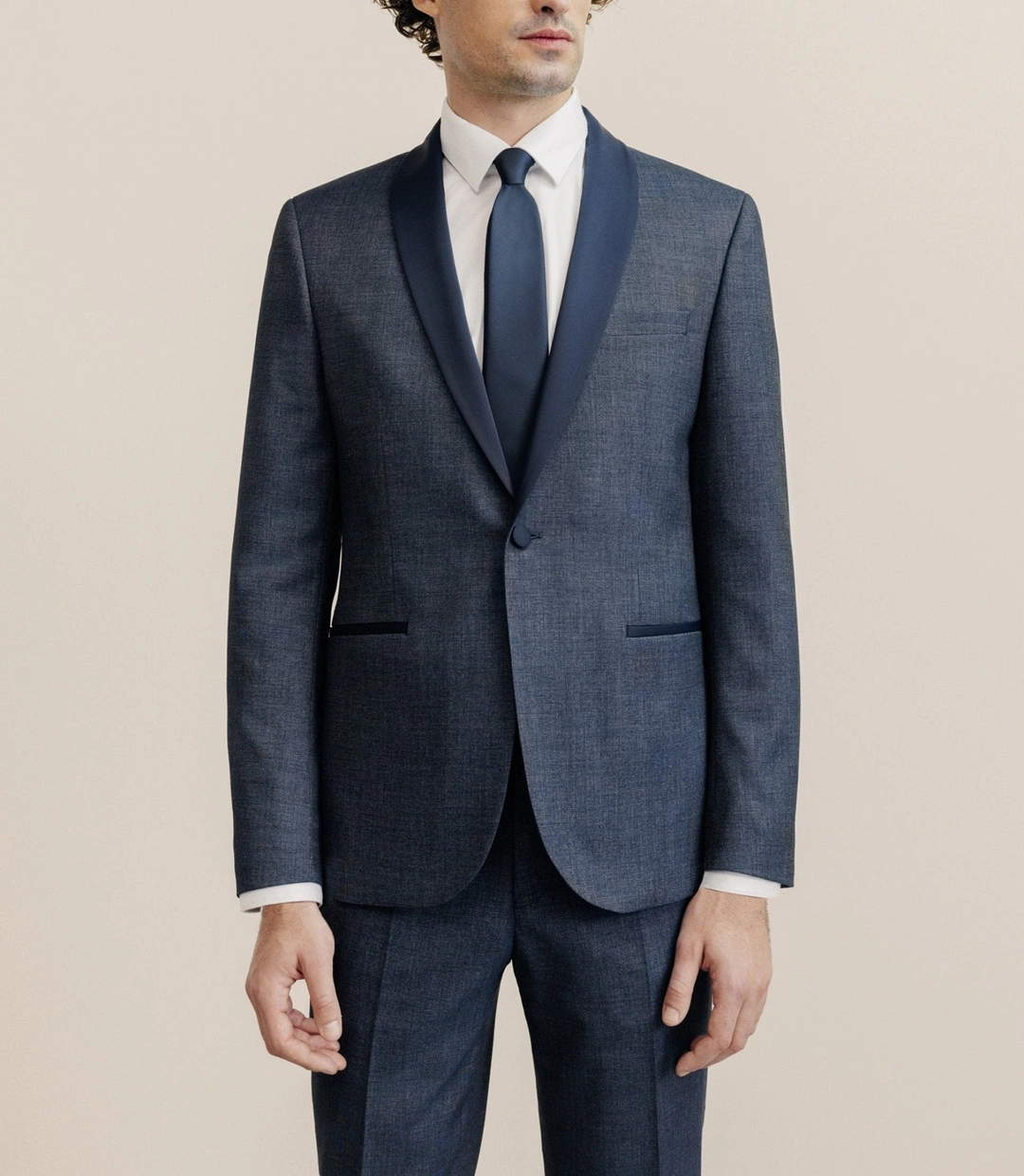 IZAC - Costume col châle cérémonie bleu denim