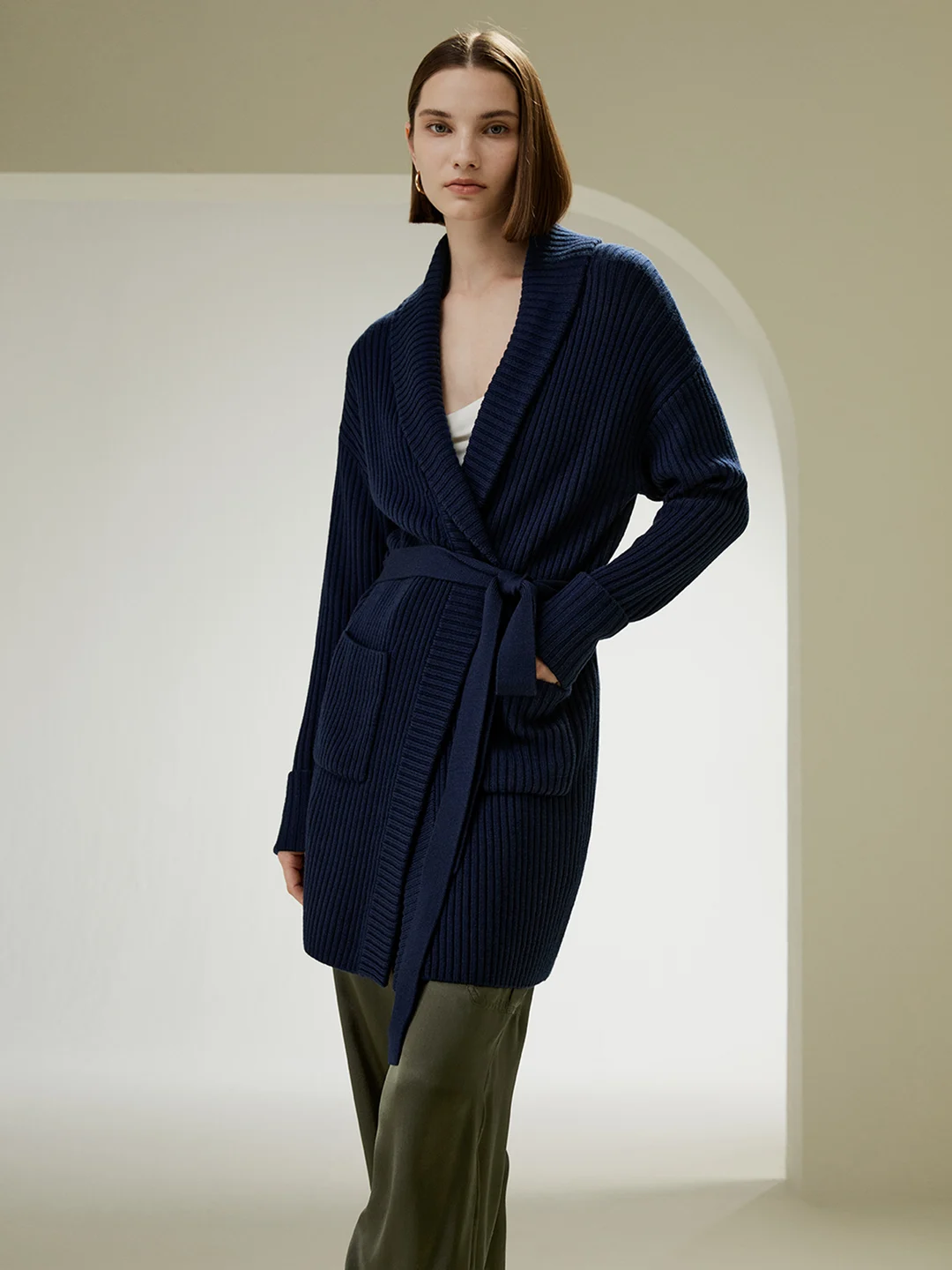 LILYSILK Cardigan Femme Bleu Marine Col Châle, Motif Côtelé 100 % Laine Mérinos Bon Rapport Qualité-Prix, Respectueux De La Peau S