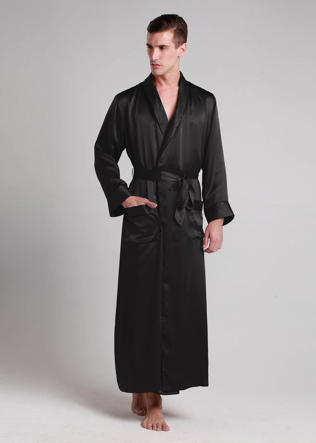 LILYSILK Robe De Chambre Longue Soie Homme Noir Col Rabattu, Style Naturel 100% Soie De Mûrier Respirant Super Léger Robe De Chambre XS